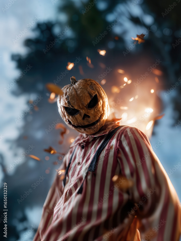 Spooky scarecrow with a glowing pumpkin head, amidst falling leaves, capturing a Halloween vibe. Spooky scarecrow with a glowing pumpkin head, amidst falling leaves, capturing a Halloween vibe.