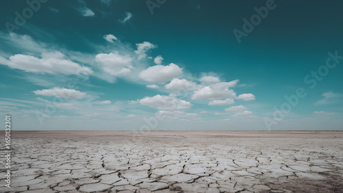 A cracked desert basin with grid lines, representing sudden ecological collapse.