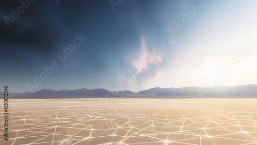 A cracked desert basin with grid lines, representing sudden ecological collapse.