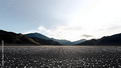 A cracked desert basin with grid lines, representing sudden ecological collapse.