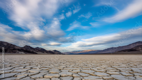 A cracked desert basin with grid lines, representing sudden ecological collapse.