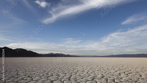 A cracked desert basin with grid lines, representing sudden ecological collapse.
