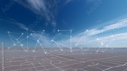A cracked desert basin with grid lines, representing sudden ecological collapse.