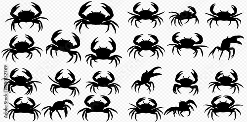 A collection of black crab silhouettes in various dynamic poses, isolated on a transparent background.