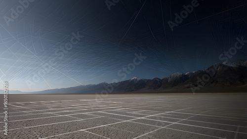 A cracked desert basin with grid lines, representing sudden ecological collapse.