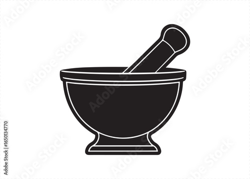 Black Silhouette of Mortar and Pestle Icon Tool on White Background.