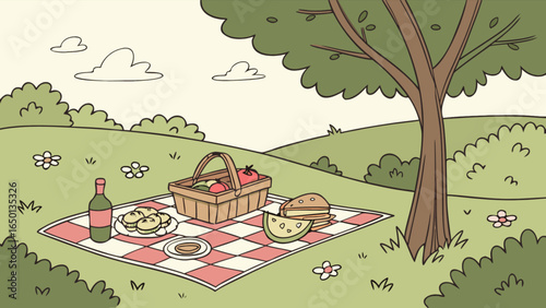 Illustration of a picnic scene with a basket blanket food and drink under a tree in a park area