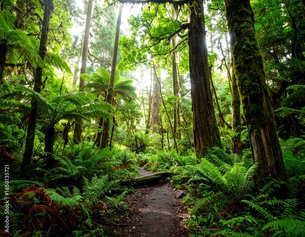 Fototapeta premium Lush temperate rainforest scene, featuring giant trees and vivid green ferns