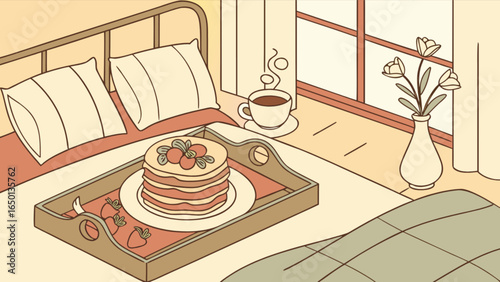Breakfast in bed with pancakes and coffee next to a window with flowers in a vase on a sunny morning