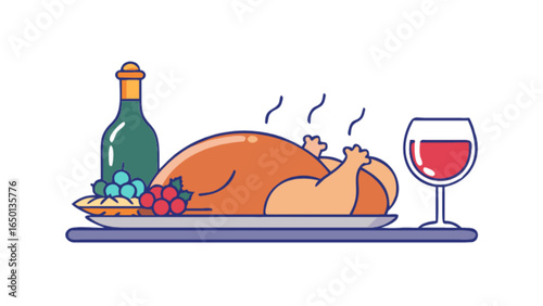 Illustration of a thanksgiving dinner featuring a turkey wine bottle and a glass of red wine on a table