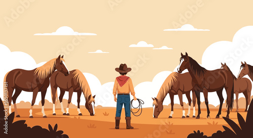 A Cowboy With His Horses Grazing on a Vast Prairie Underneath a Sunny Sky