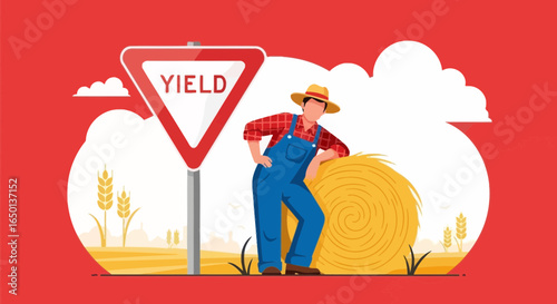 A Farmer Is Leaning Against A Hay Bale By The Yield Sign In A Field