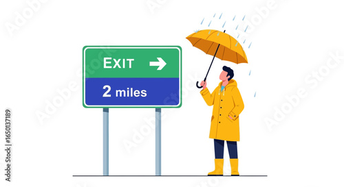 A Man Walking in the Rain Near an Exit Sign Offers a Moment of Solitude