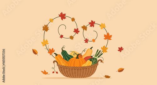 Abundant Autumnal Harvest Featuring Diverse Vegetables in Wicker Basket Decoration
