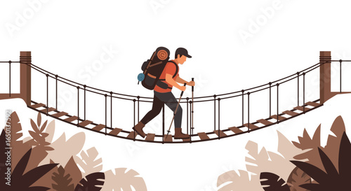Adventurer Crossing Swinging Suspension Bridge Surrounded By Exotic Vegetation