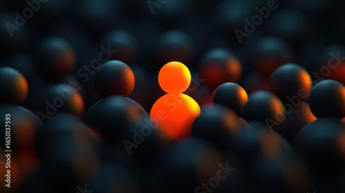 Single, bright orange figure amidst a sea of dark figures.