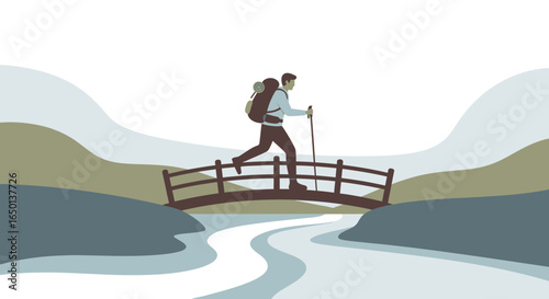 Adventures Man Crosses Bridge on a Scenic Hiking Trip in Nature
