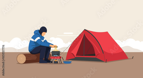 Adventurous Camping Featuring a Person Cooking Noodles Next to a Bright Red Tent