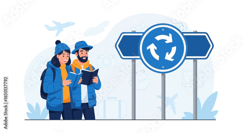 Adventurous Couple Navigating New Routes and Destinations Together with Travel Guide