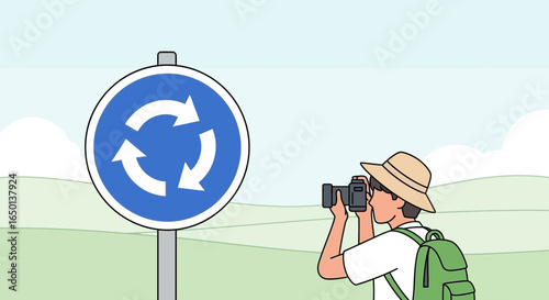 Adventurous Traveler Photographs A Roundabout In A Picturesque Landscape Scene