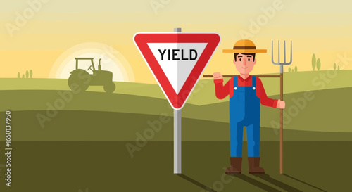 Agricultural Productivity Concept With Farm Worker And Yield Road Sign