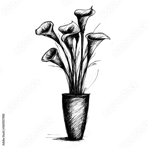 Calla lilies in a vase drawing sketch monochrome vector
