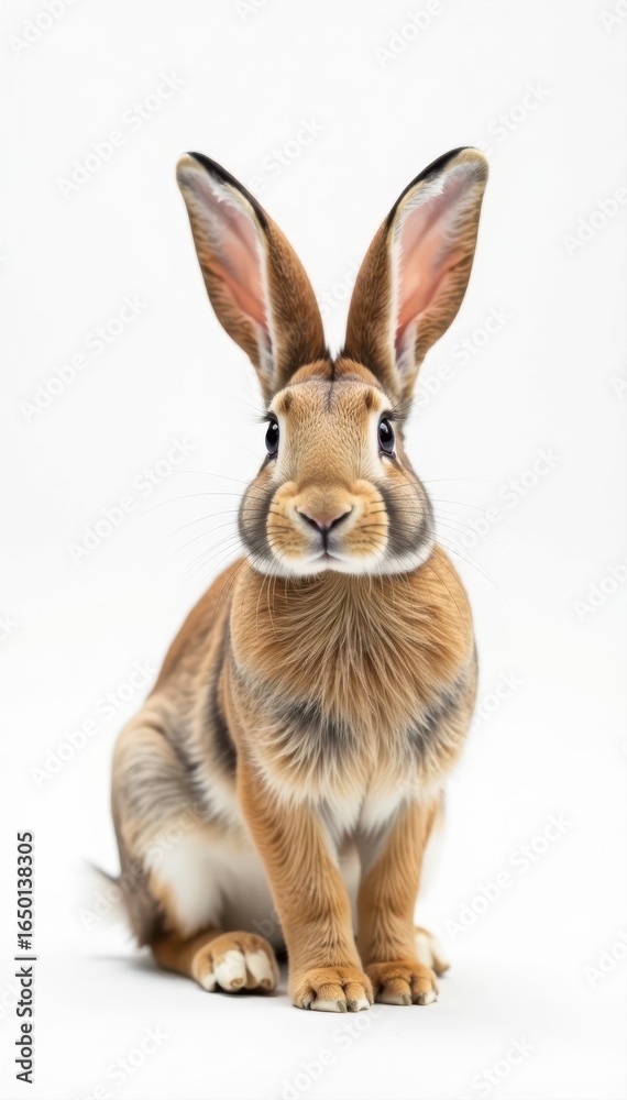 Obraz premium A lone brown bunny, ears erect, on a seamless white background, photo, mammal