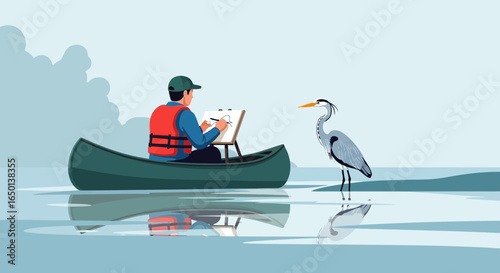 Artist In Canoe Painting Heron Bird Enjoying Scenic Waterway Beauty