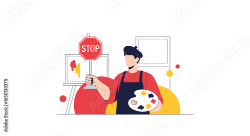 Artist With Stop Sign Conceptual Art Project Creative Block Or Artistic Crisis