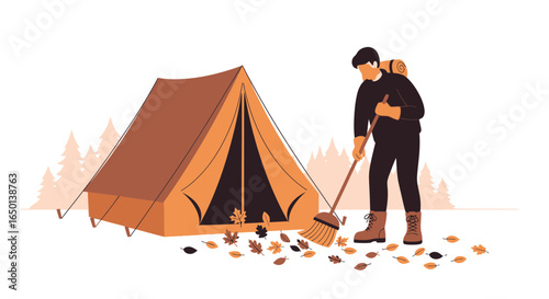 Autumn Camping Trip Preparation With Man Sweeping Leaves Near The Tent