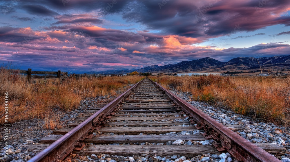 Fototapeta premium Rustic train tracks lead into a colorful sunset
