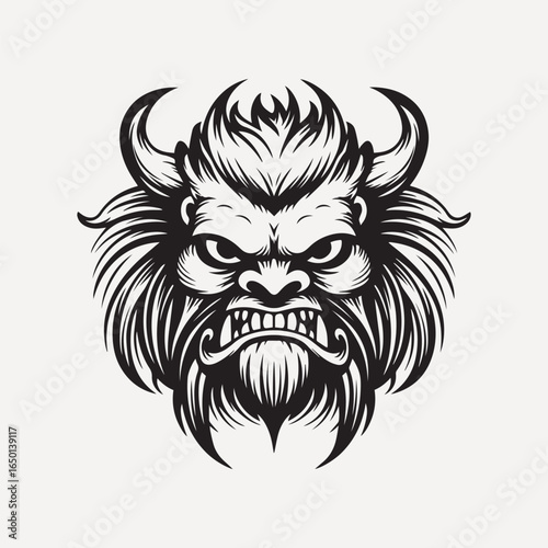 Fierce mythical beast illustration with horns and sharp teeth. Black and white beast design, showcasing intense expression and wild hair. Beast art with bold lines.