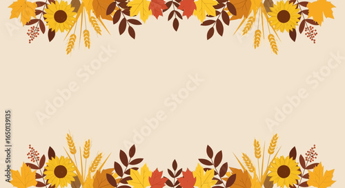 Autumnal Floral Frame With Sunflowers Leaves And Wheat Ready For Your Text