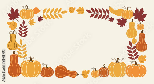 Autumnal Frame Design with Pumpkins and Foliage for Festive Celebrations