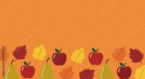 Autumnal Harvest Fruits And Leaves Border On Textured Background Space