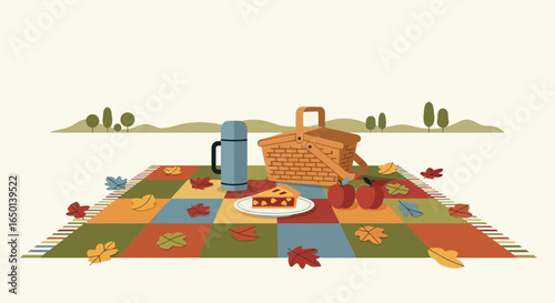 Autumnal Picnic Scene With Basket On Blanket And Landscape Background