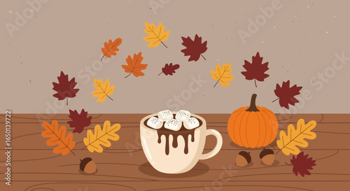 Autumnal Still Life With Pumpkin Hot Chocolate And Falling Colorful Leaves