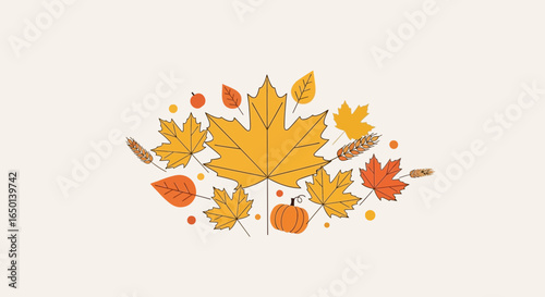 Autumnal Symphony Of Leaves, Grain And Pumpkin In A Minimalist Design