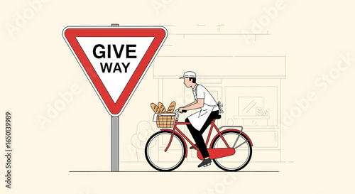 Baker Delivering Bread On Bicycle With Give Way Traffic Sign Illustration