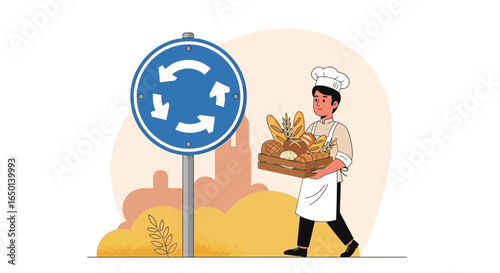 Baker Delivering Fresh Breads At The Roundabout Street In Morning City