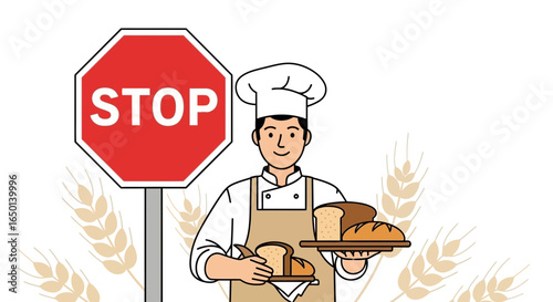 Baker Offering Bread Near Stop Sign Concept For Gluten Intolerance Diet