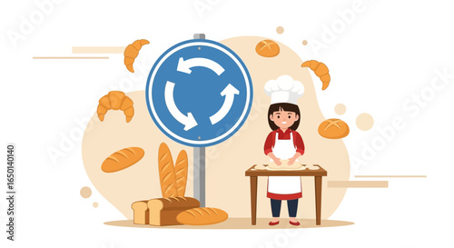 Baking Journey: Cartoon Baker Woman Working Around A Traffic Circle Sign