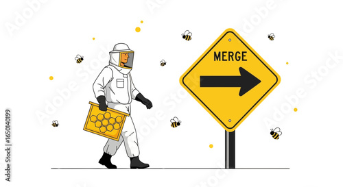 Beekeeper In Protective Suit Carries Honeycomb Beside Merge Sign In Apiary
