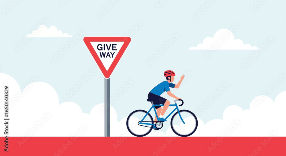 Fototapeta premium Bicycle Ride On The Road With Cautionary Sign Under The Blue Sky