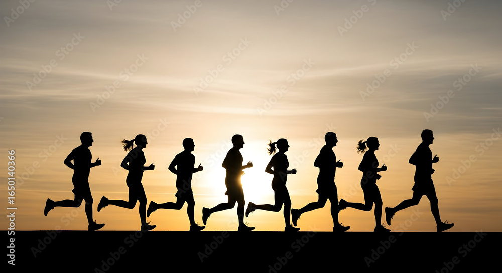 Fototapeta premium Silhouette Group Running Against Warm Sunset Sky
