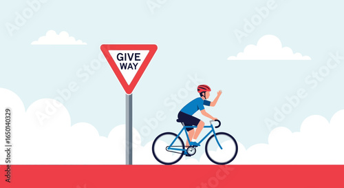 Bicycle Ride On The Road With Cautionary Sign Under The Blue Sky