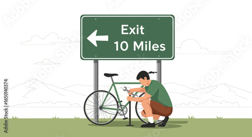 Biker Repairing His Bicycle Near The Exit Sign On The Roadside