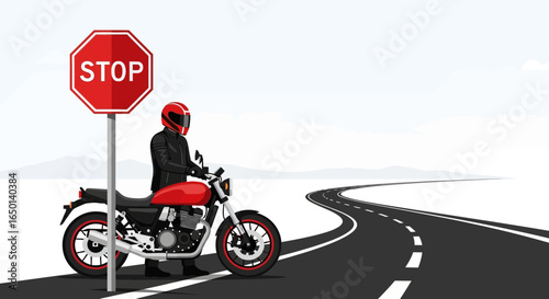Biker Stops Next To Stop Sign On Asphalt Road Going Away From City