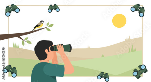 Birdwatching Adventure Man Using Binoculars To Observe Wildlife In Nature