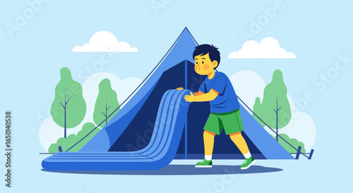 Boy Assembling Tent For Summer Camping Vacation In Nature Illustration